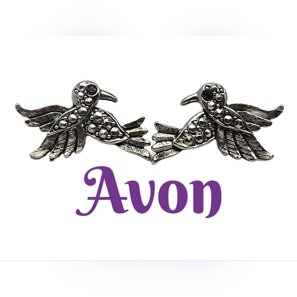 Vintage 1994 Avon Marcasite Hummingbird Stud Piereced Earrings Silver-Purple - Picture 1 of 6